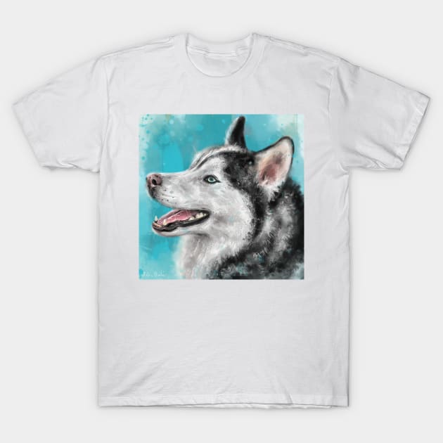 Adorable Siberian Husky Painting Smiling on Blue background T-Shirt by ibadishi